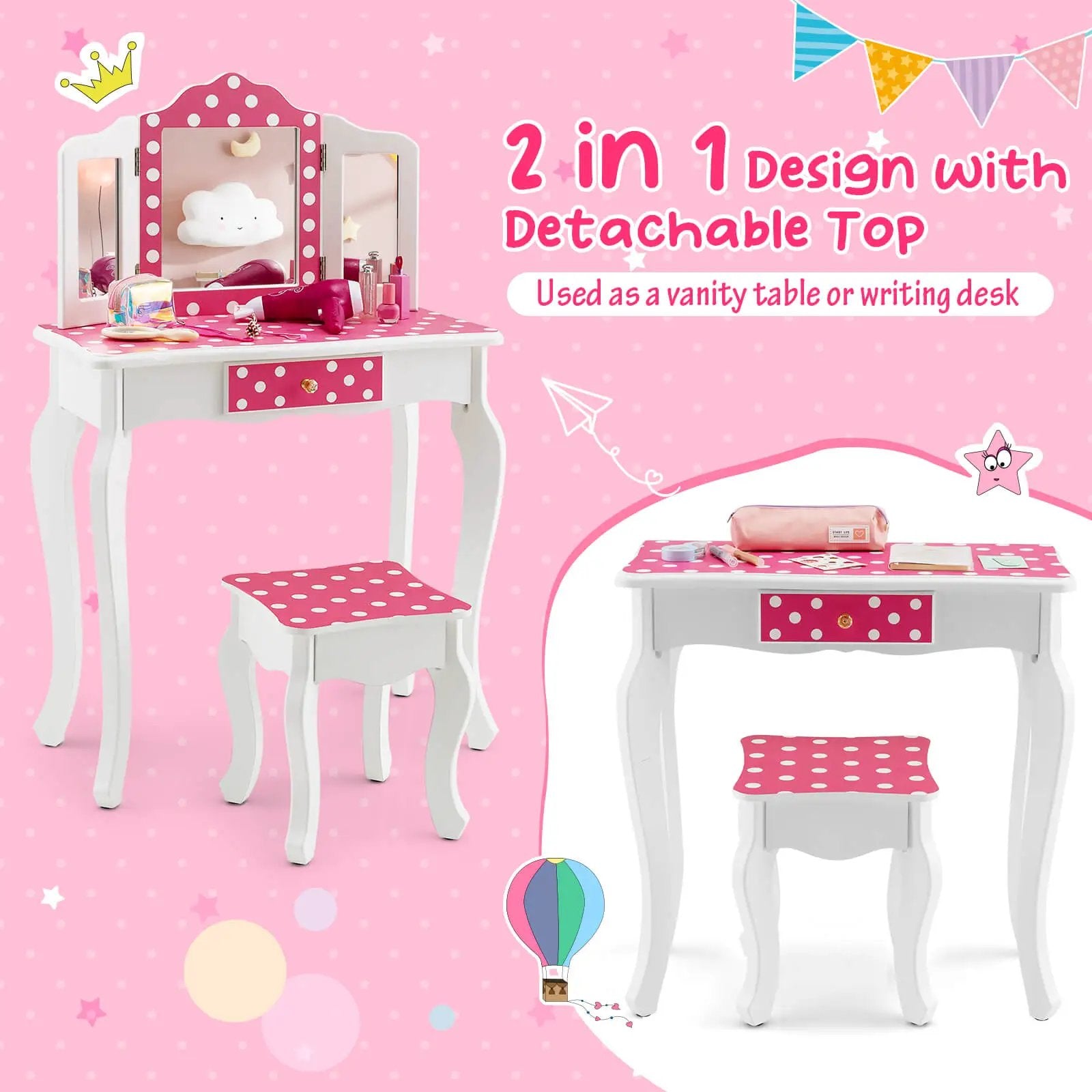 Kids Vanity Table and Stool Set with Cute Polka Dot Print-Pink by DirectDeals
