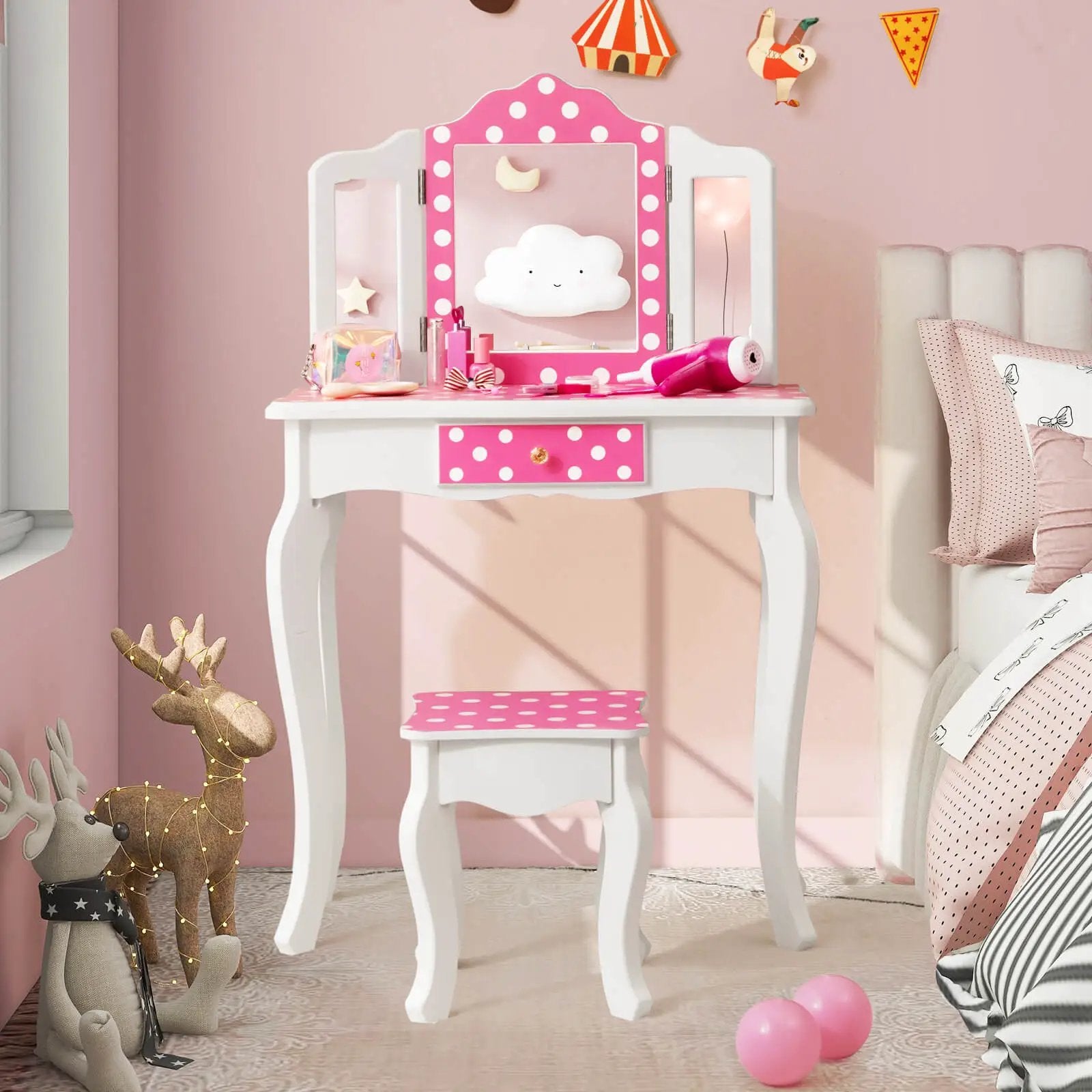 Kids Vanity Table and Stool Set with Cute Polka Dot Print-Pink by DirectDeals