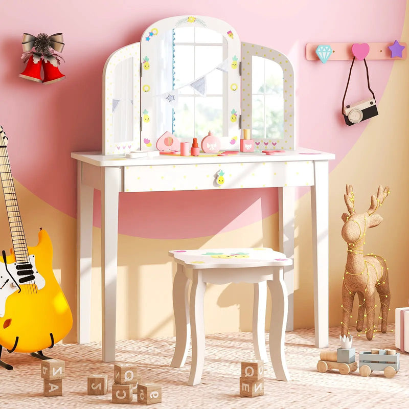Kids Vanity Table Set with Tri-Folding Mirror and Large Drawer-White by DirectDeals