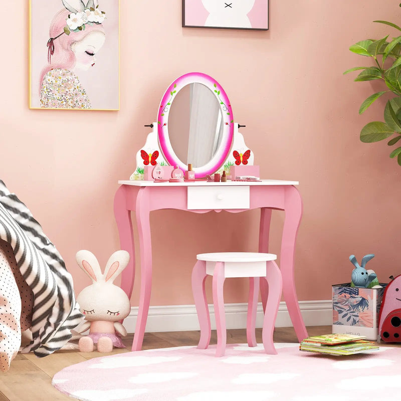 Kids Vanity Table and Stool Set with 360° Rotating Mirror and Whiteboard-Pink by DirectDeals