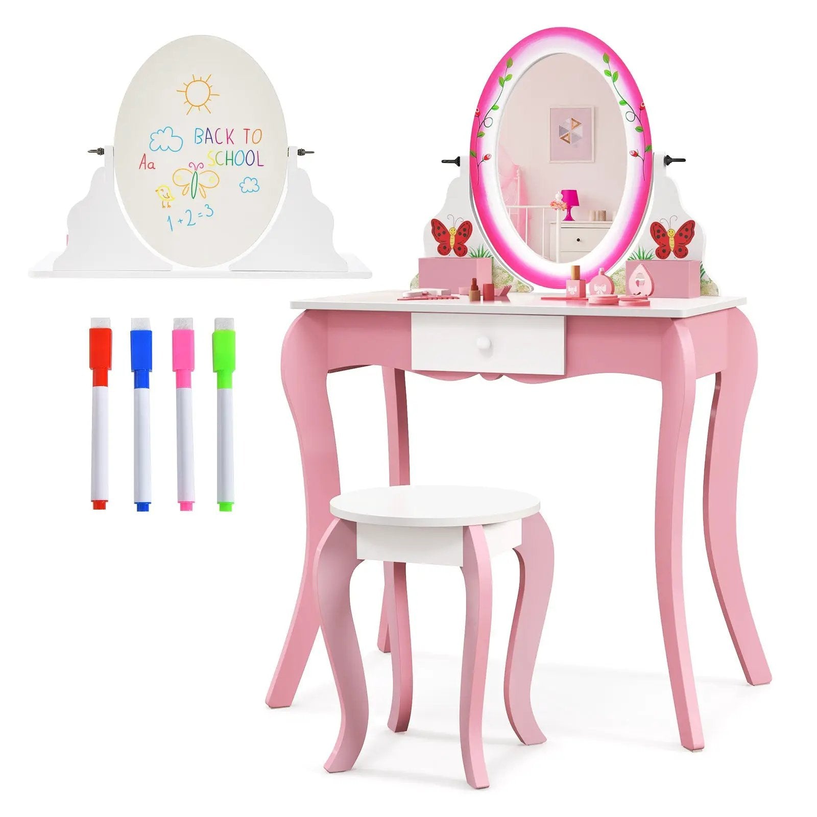 Kids Vanity Table and Stool Set with 360° Rotating Mirror and Whiteboard-Pink by DirectDeals