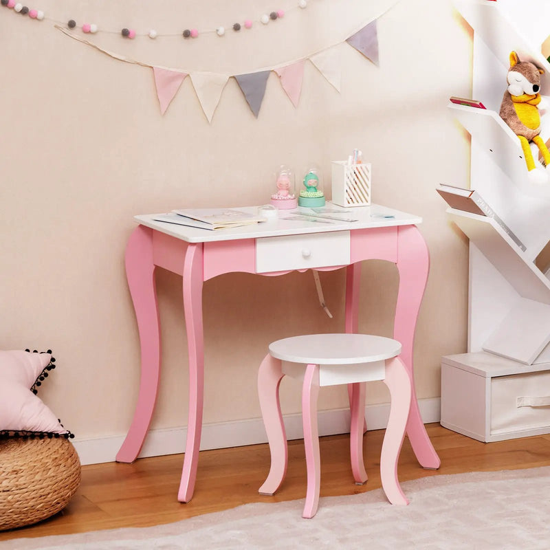 Kids Vanity Table and Stool Set with 360° Rotating Mirror and Whiteboard-Pink by DirectDeals
