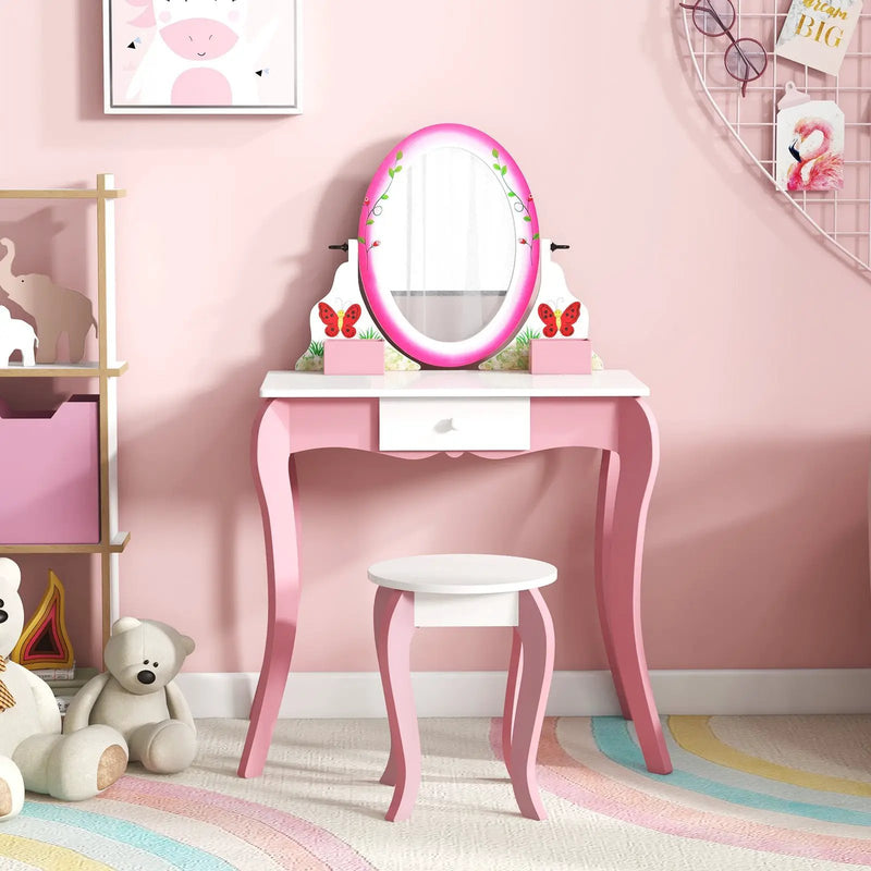 Kids Vanity Table and Stool Set with 360° Rotating Mirror and Whiteboard-Pink by DirectDeals