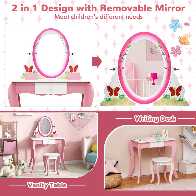 Kids Vanity Table and Stool Set with 360° Rotating Mirror and Whiteboard-Pink by DirectDeals