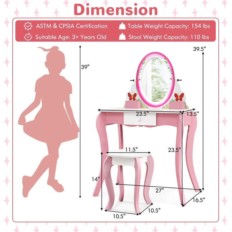 Kids Vanity Table and Stool Set with 360° Rotating Mirror and Whiteboard-Pink by DirectDeals
