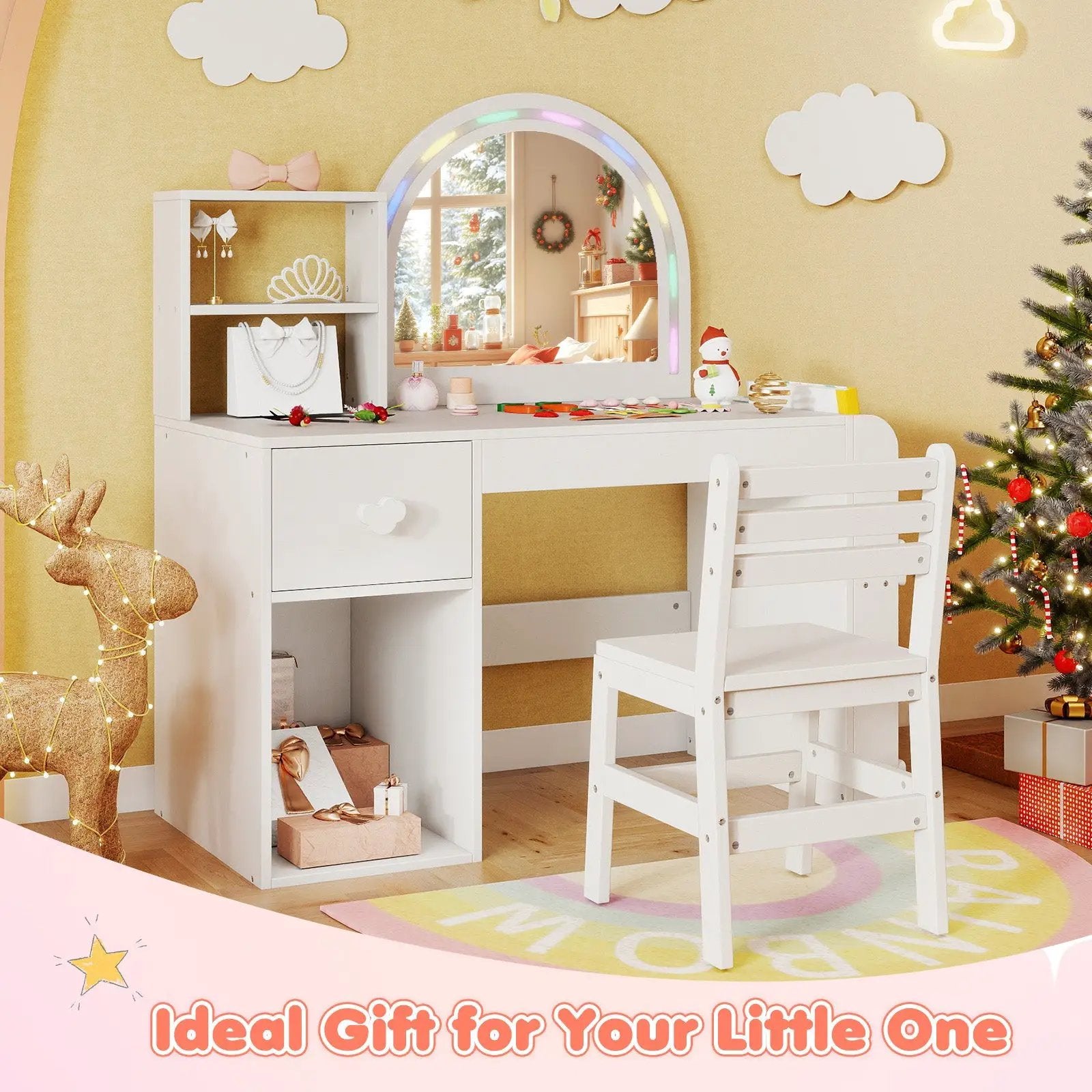 Kids Vanity Table and Chair Set with Lighted Mirror for Kids Aged 3+ Years Old by DirectDeals