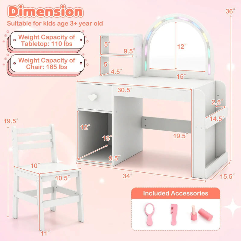 Kids Vanity Table and Chair Set with Lighted Mirror for Kids Aged 3+ Years Old by DirectDeals