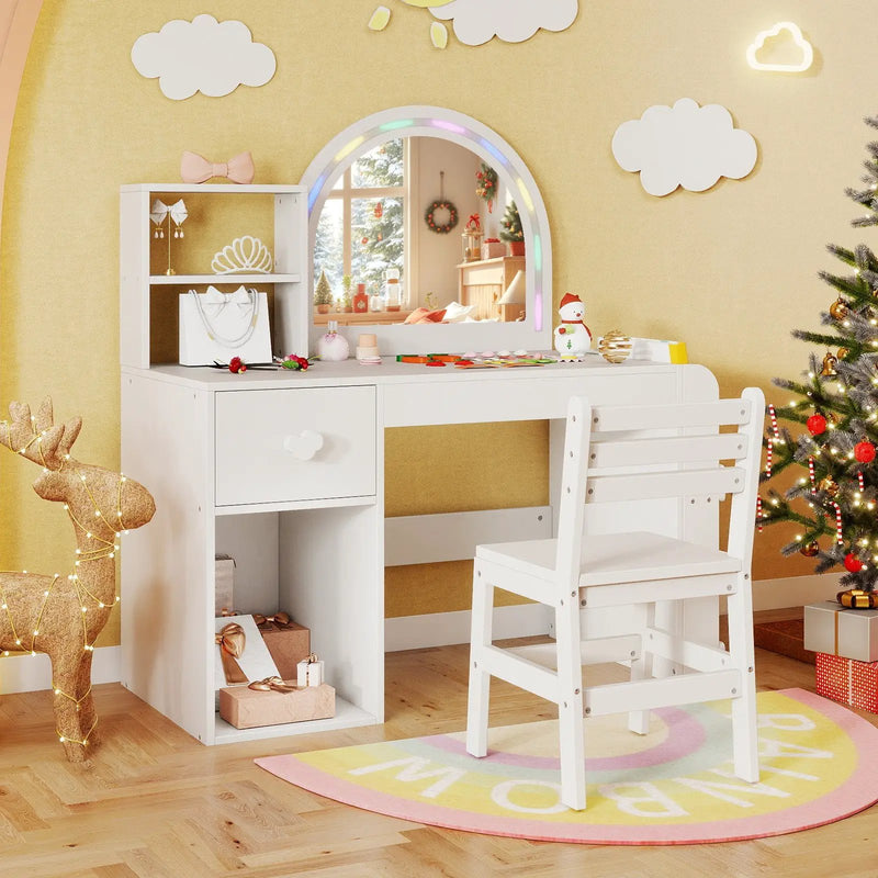 Kids Vanity Table and Chair Set with Lighted Mirror for Kids Aged 3+ Years Old by DirectDeals