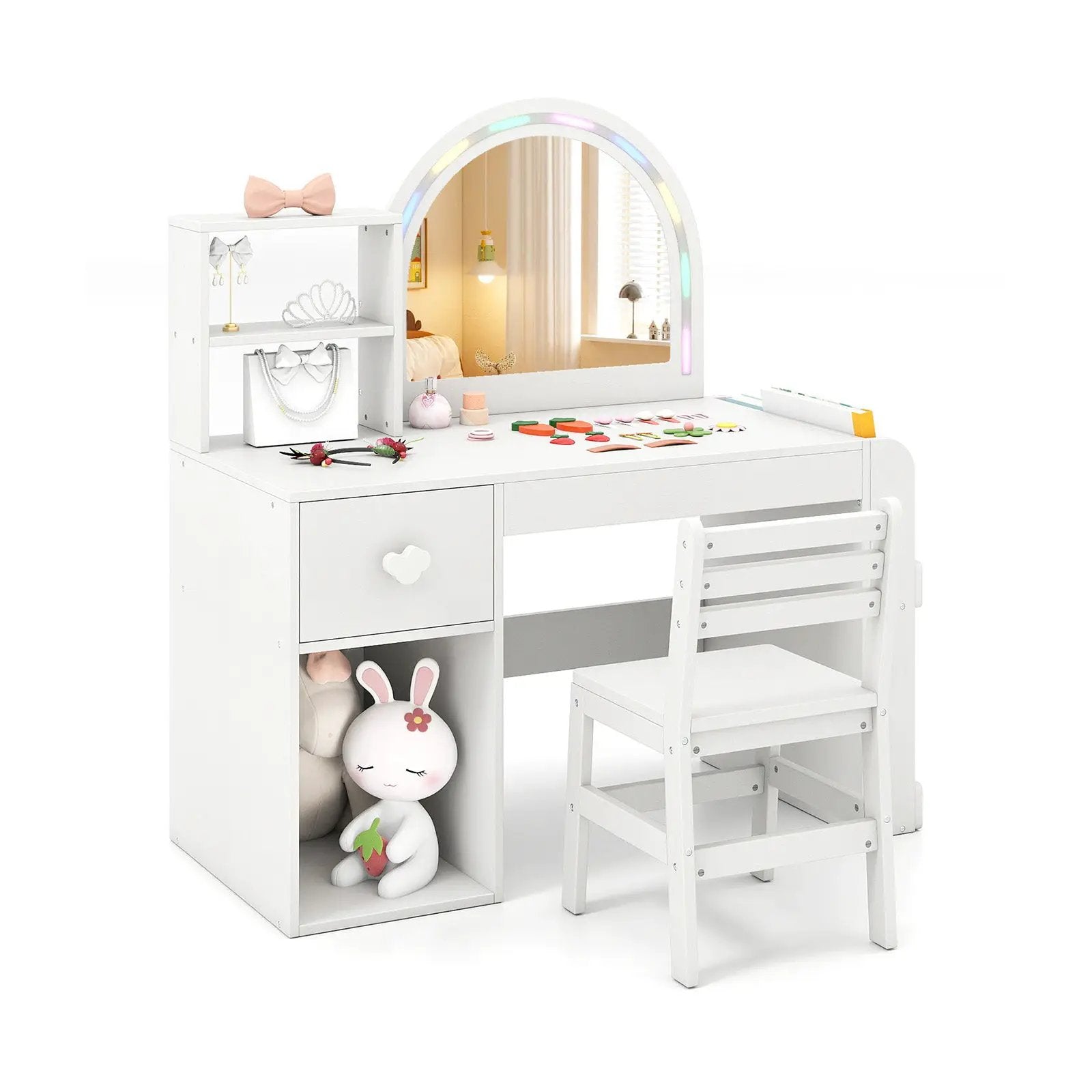Kids Vanity Table and Chair Set with Lighted Mirror for Kids Aged 3+ Years Old by DirectDeals