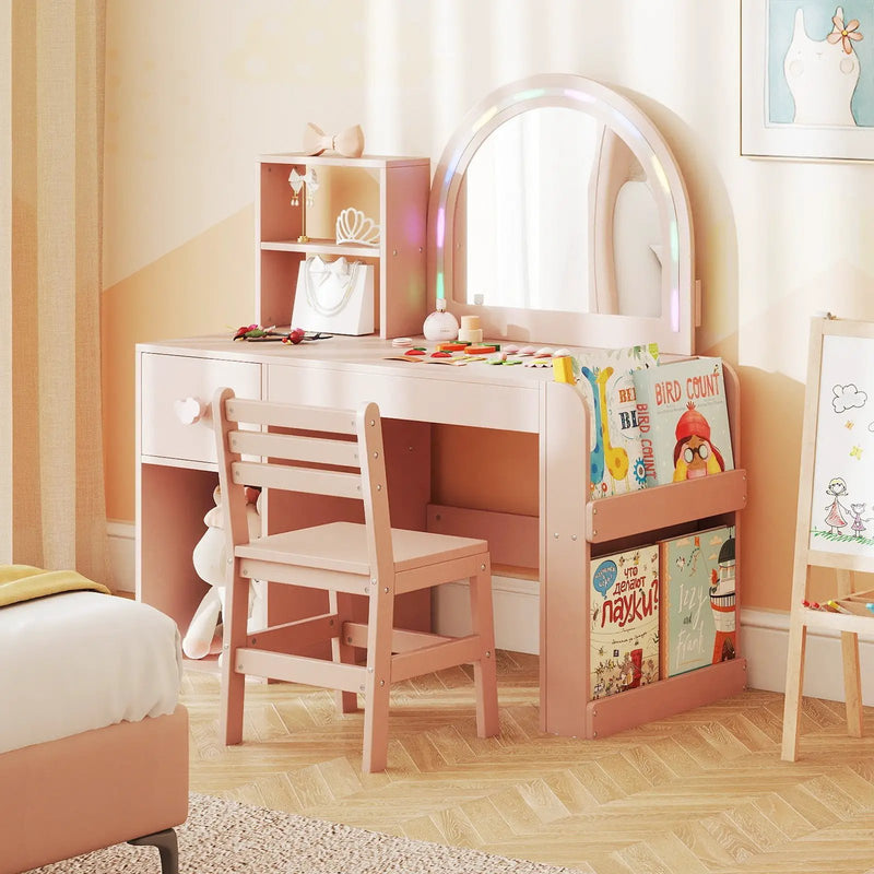 Kids Vanity Table and Chair Set with Lighted Mirror for Kids Aged 3+ Years Old by DirectDeals