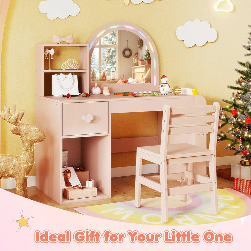 Kids Vanity Table and Chair Set with Lighted Mirror for Kids Aged 3+ Years Old by DirectDeals