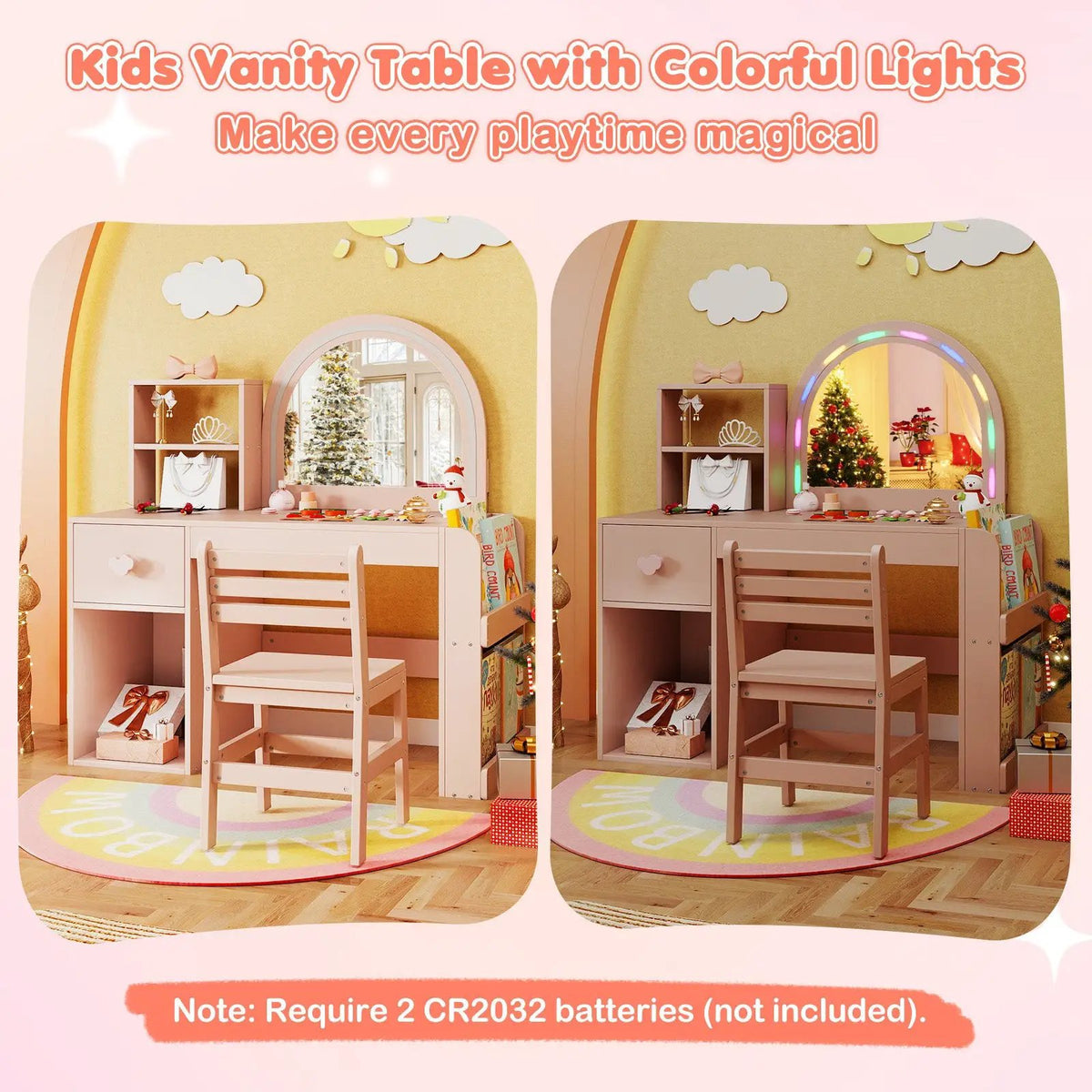 Kids Vanity Table and Chair Set with Lighted Mirror for Kids Aged 3+ Years Old by DirectDeals