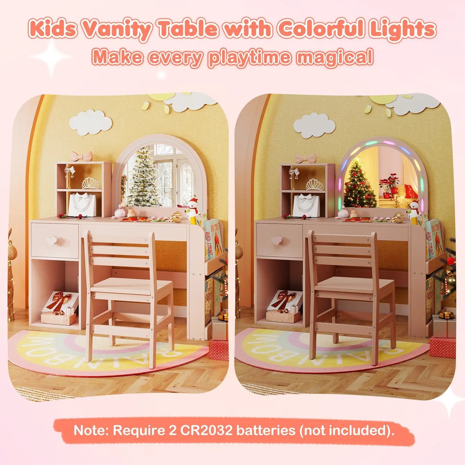 Kids Vanity Table and Chair Set with Lighted Mirror for Kids Aged 3+ Years Old by DirectDeals