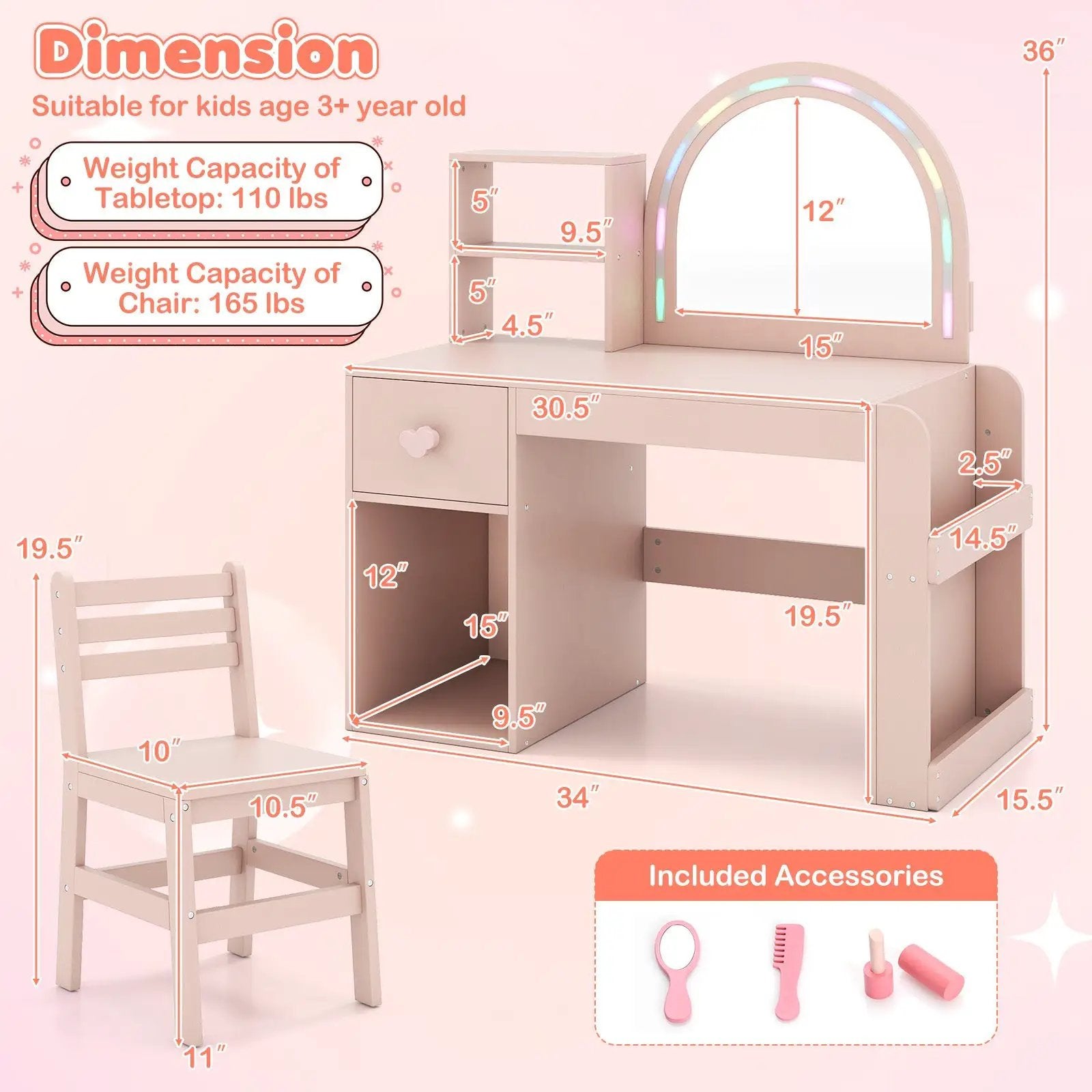 Kids Vanity Table and Chair Set with Lighted Mirror for Kids Aged 3+ Years Old by DirectDeals