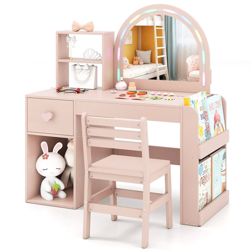 Kids Vanity Table and Chair Set with Lighted Mirror for Kids Aged 3+ Years Old by DirectDeals