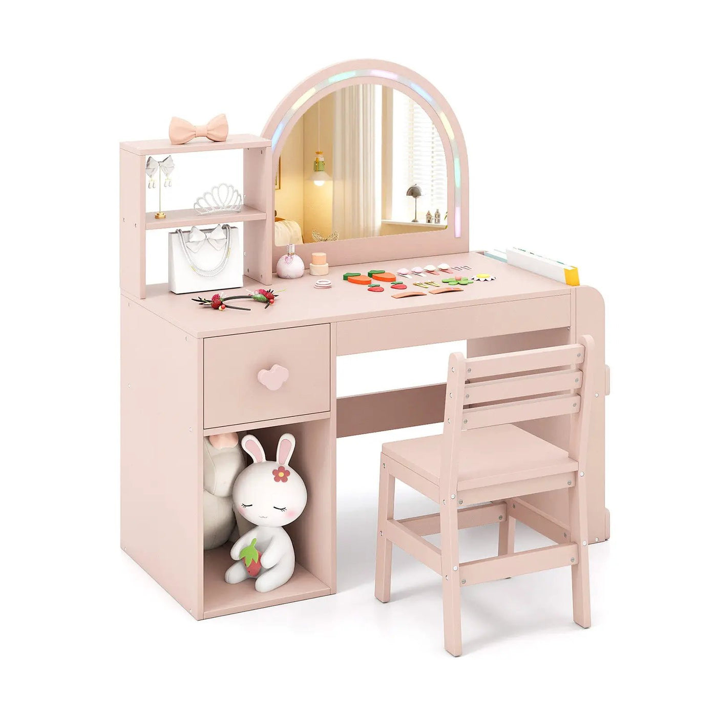 Kids Vanity Table and Chair Set with Lighted Mirror for Kids Aged 3+ Years Old by DirectDeals