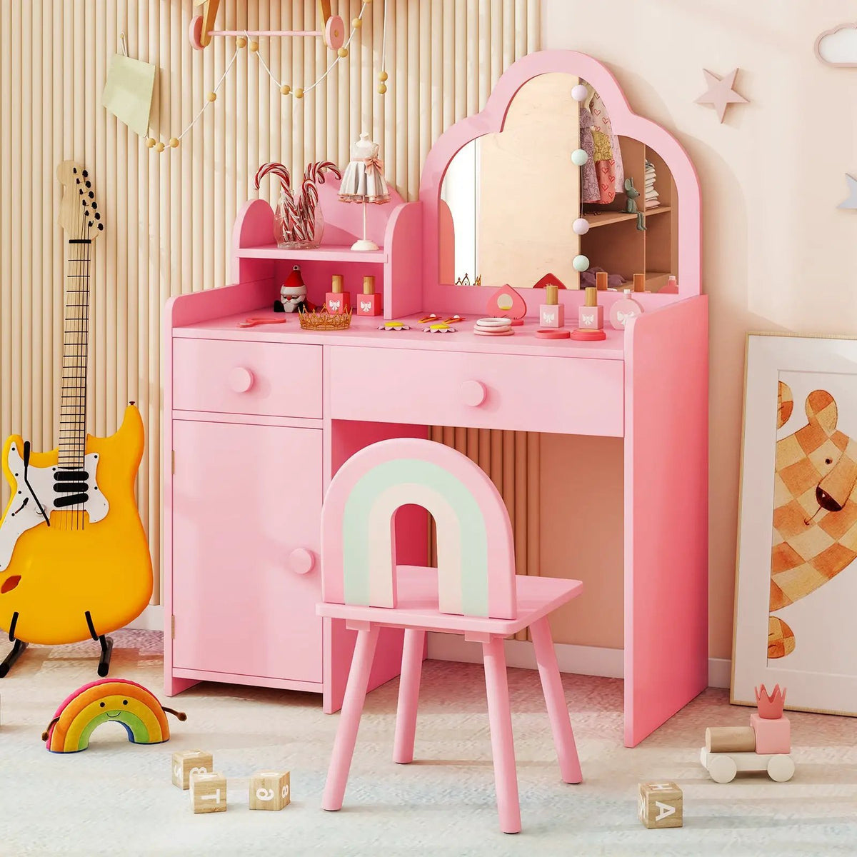 Kids Vanity Table and Chair Set with Cloud-shaped Mirror and Open Shelf by DirectDeals
