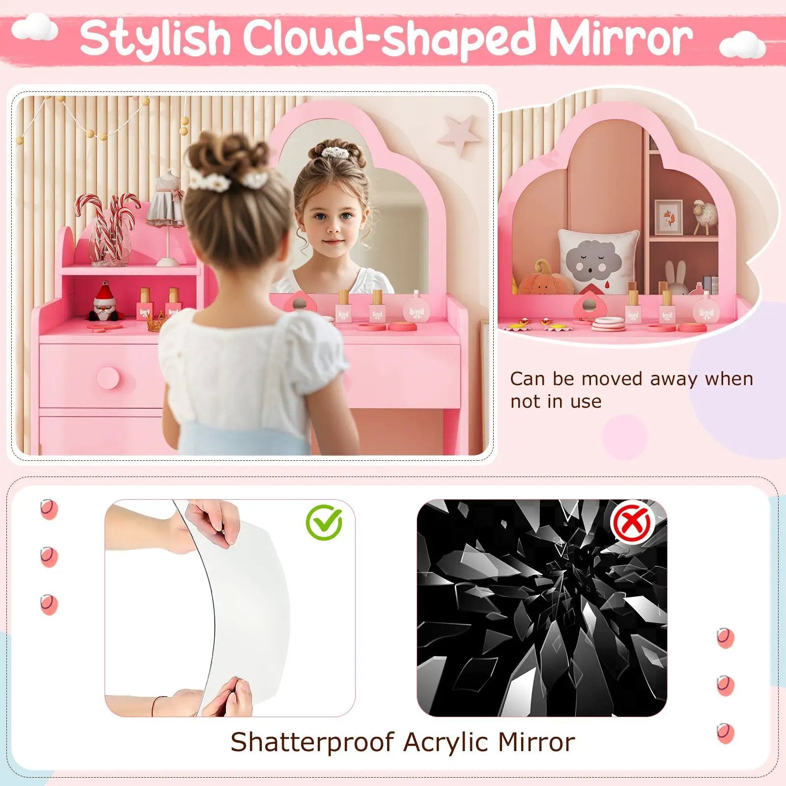 Kids Vanity Table and Chair Set with Cloud-shaped Mirror and Open Shelf by DirectDeals