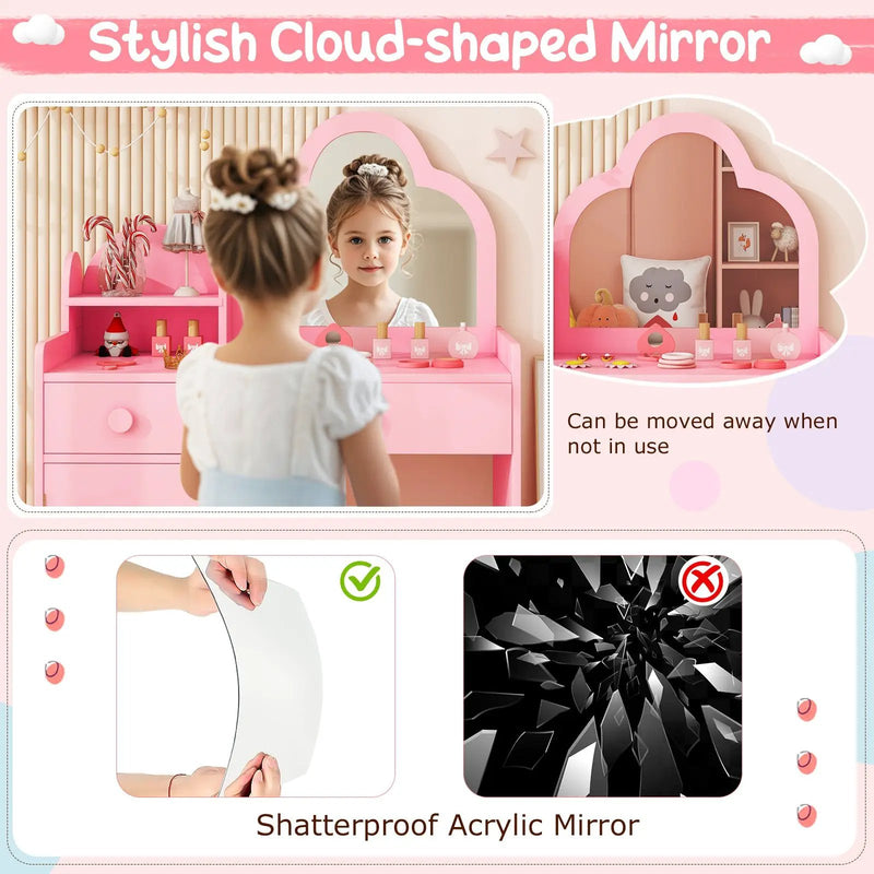 Kids Vanity Table and Chair Set with Cloud-shaped Mirror and Open Shelf by DirectDeals