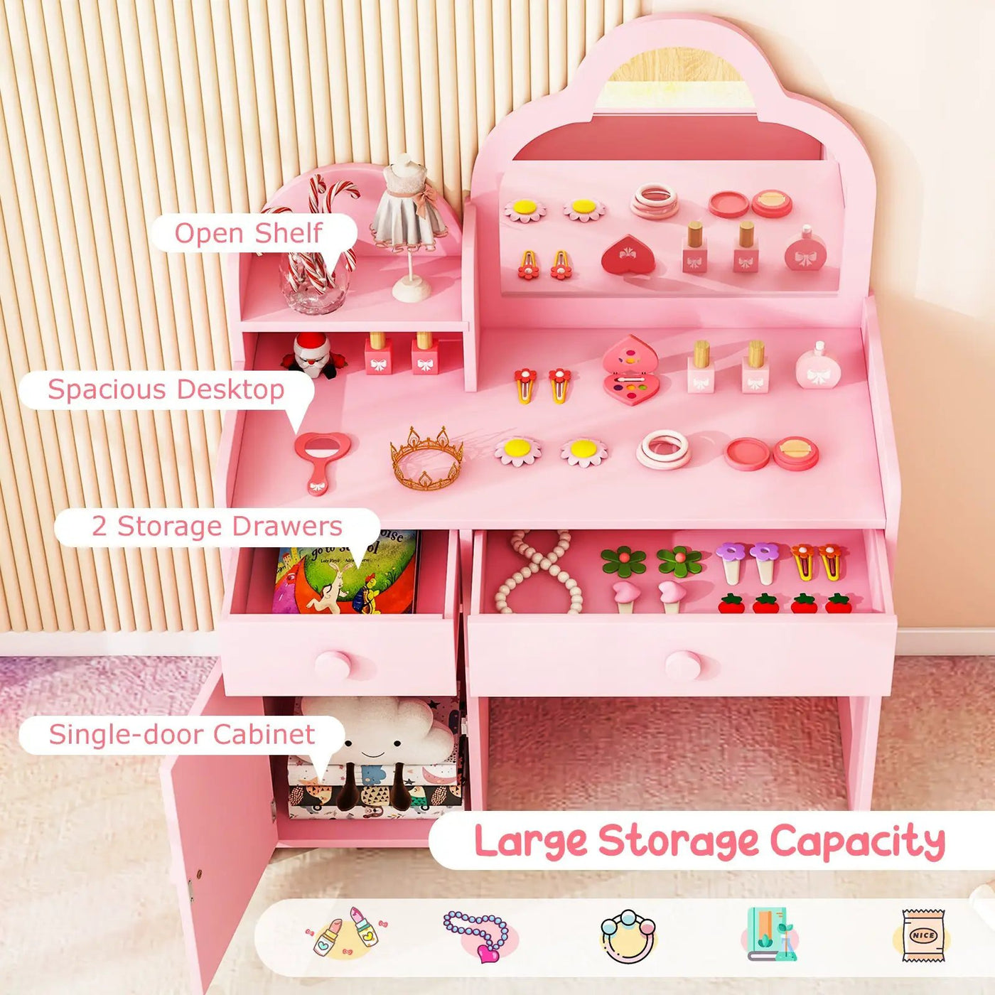 Kids Vanity Table and Chair Set with Cloud-shaped Mirror and Open Shelf by DirectDeals