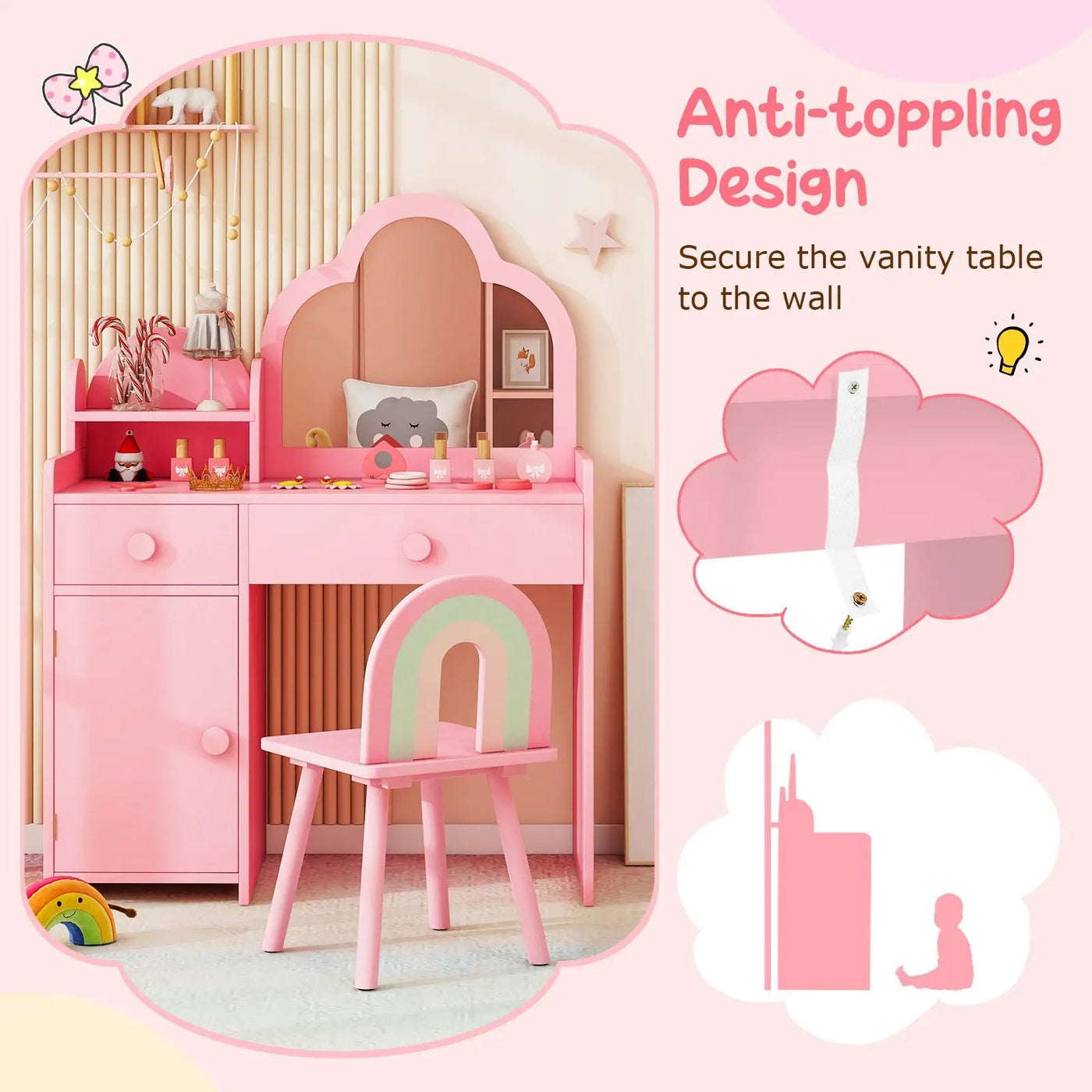 Kids Vanity Table and Chair Set with Cloud-shaped Mirror and Open Shelf by DirectDeals