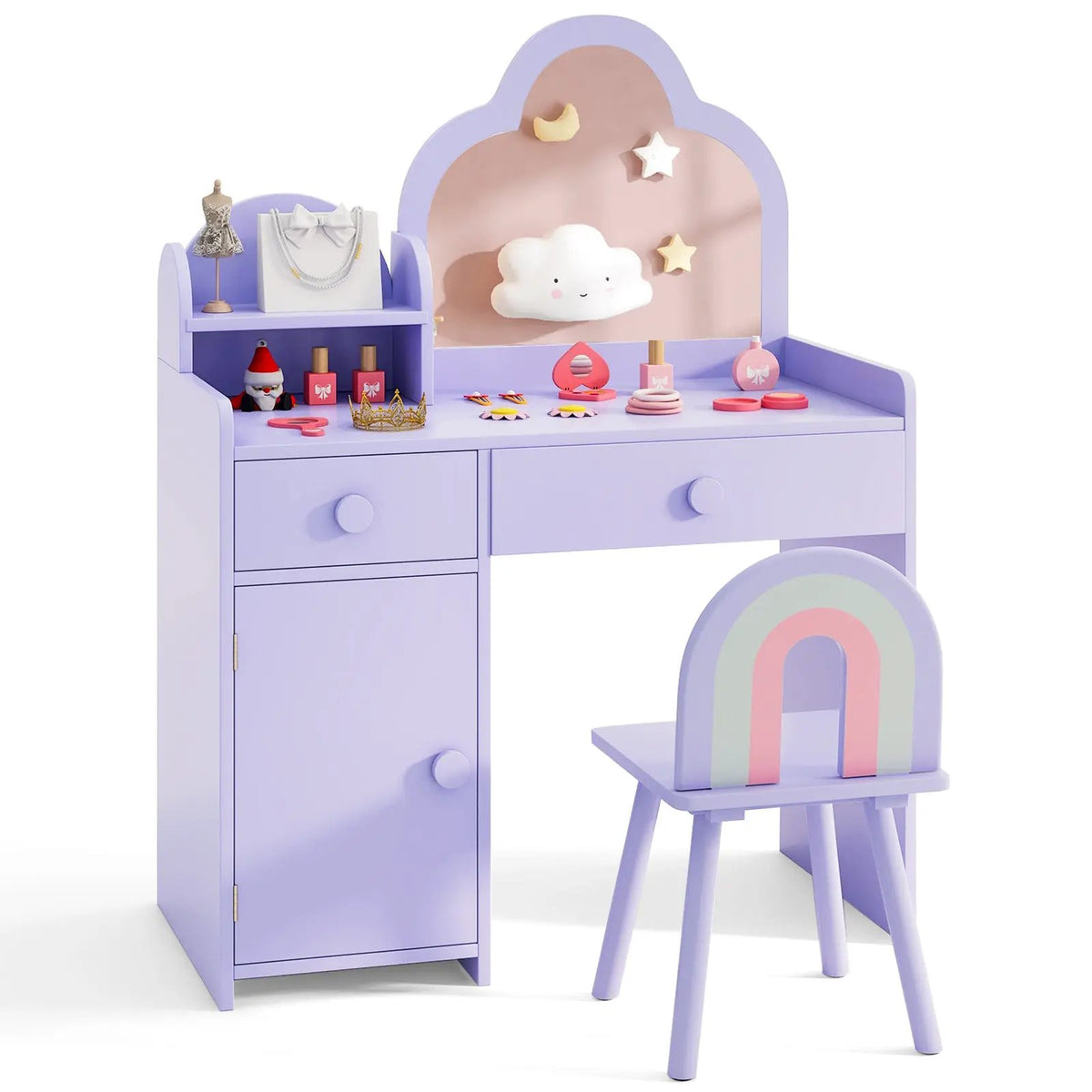Kids Vanity Table and Chair Set with Cloud-shaped Mirror and Open Shelf by DirectDeals
