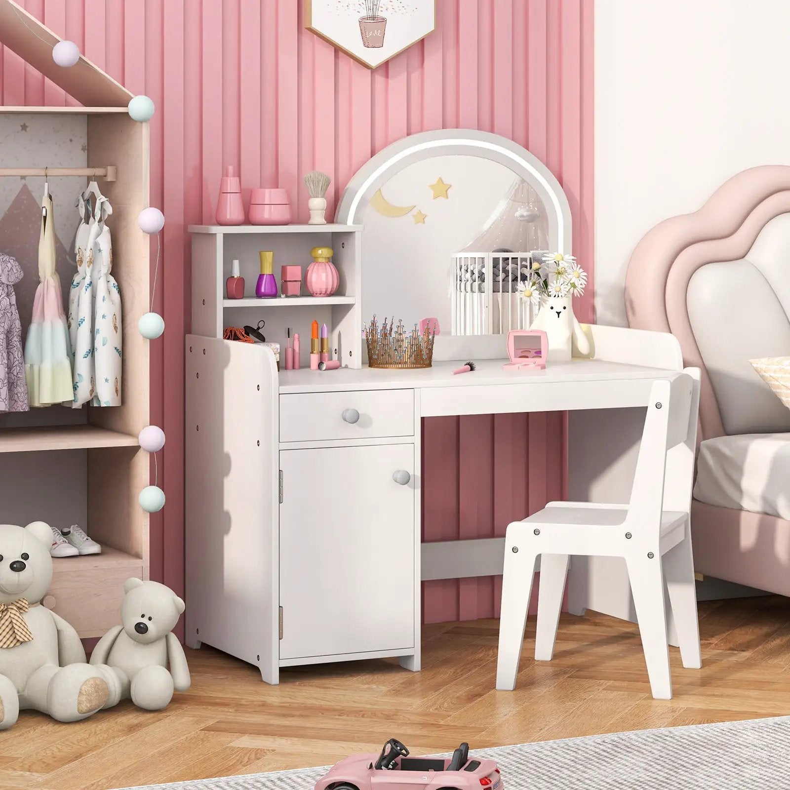 Kids Vanity Table and Chair Set with Shelves Drawer and Cabinet-White by DirectDeals
