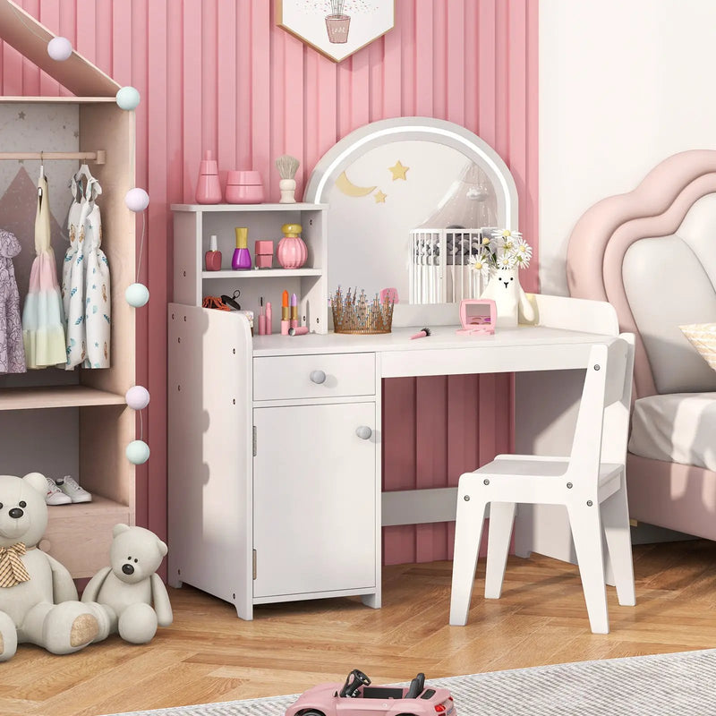 Kids Vanity Table and Chair Set with Shelves Drawer and Cabinet-White by DirectDeals