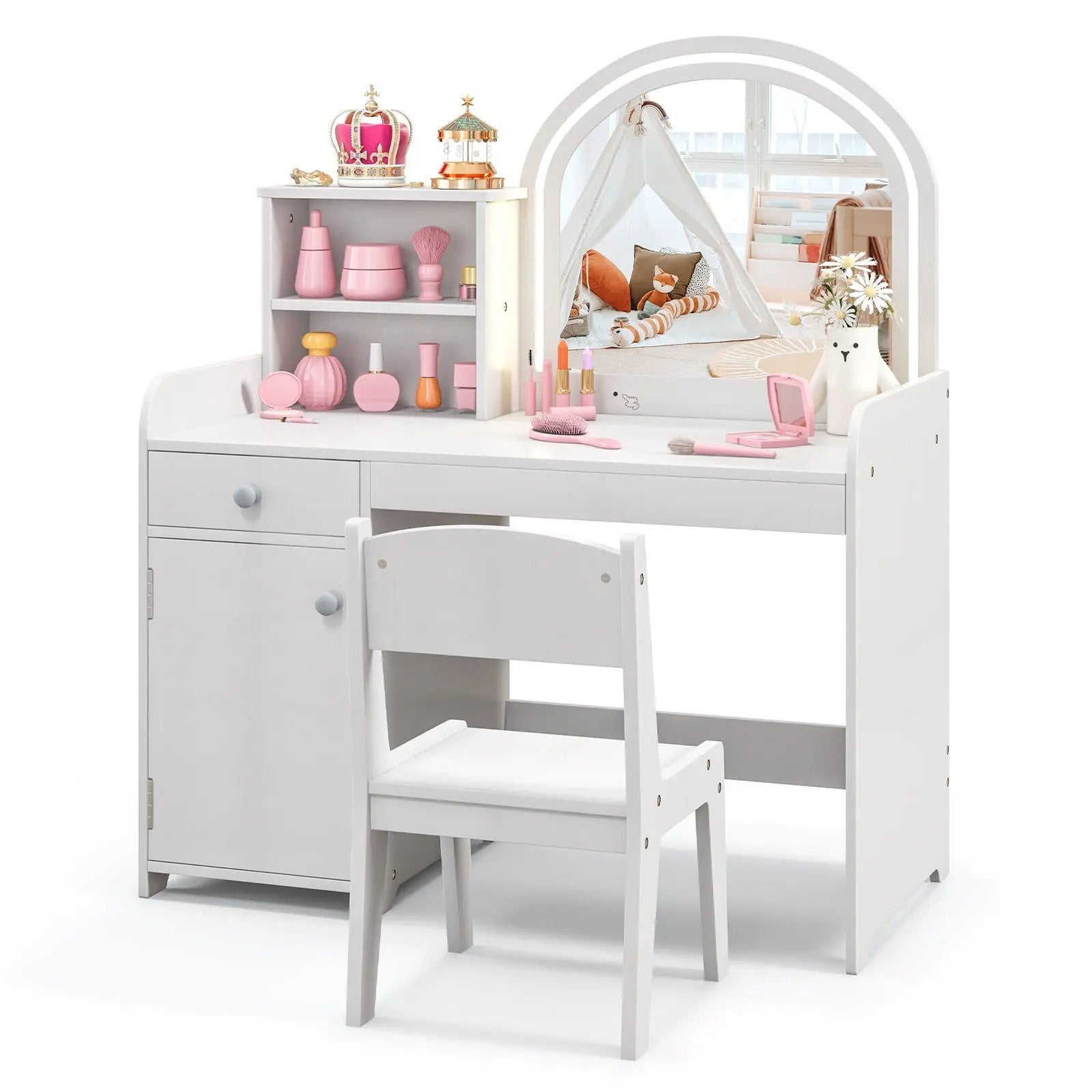 Kids Vanity Table and Chair Set with Shelves Drawer and Cabinet-White by DirectDeals