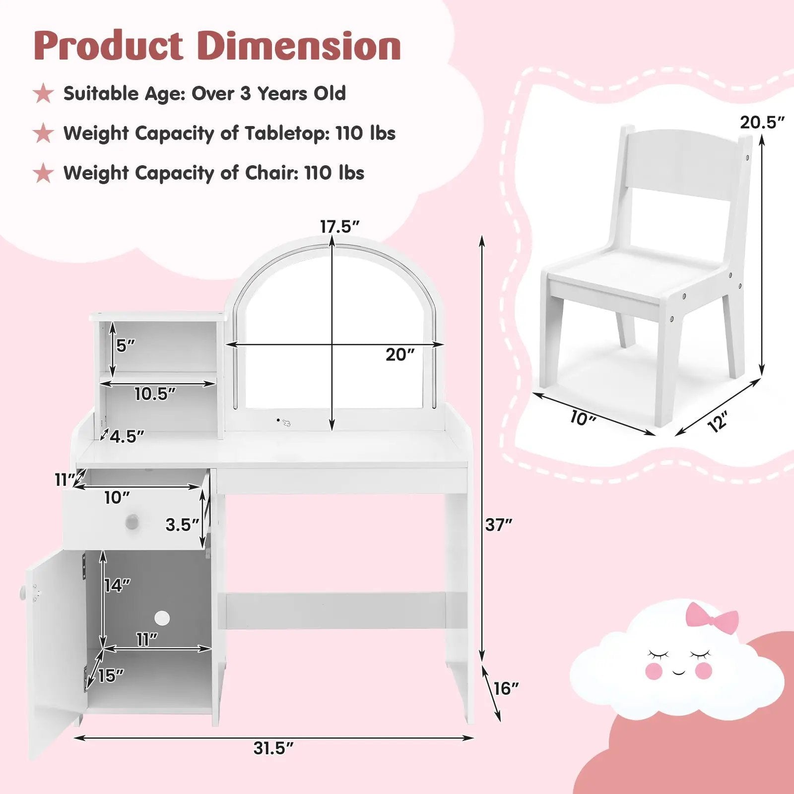 Kids Vanity Table and Chair Set with Shelves Drawer and Cabinet-White by DirectDeals