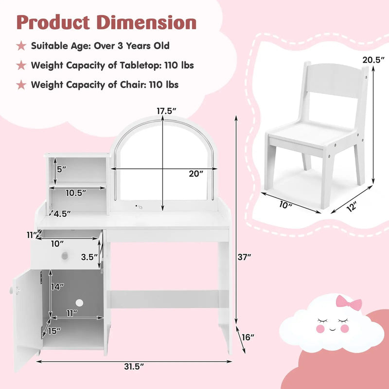Kids Vanity Table and Chair Set with Shelves Drawer and Cabinet-White by DirectDeals