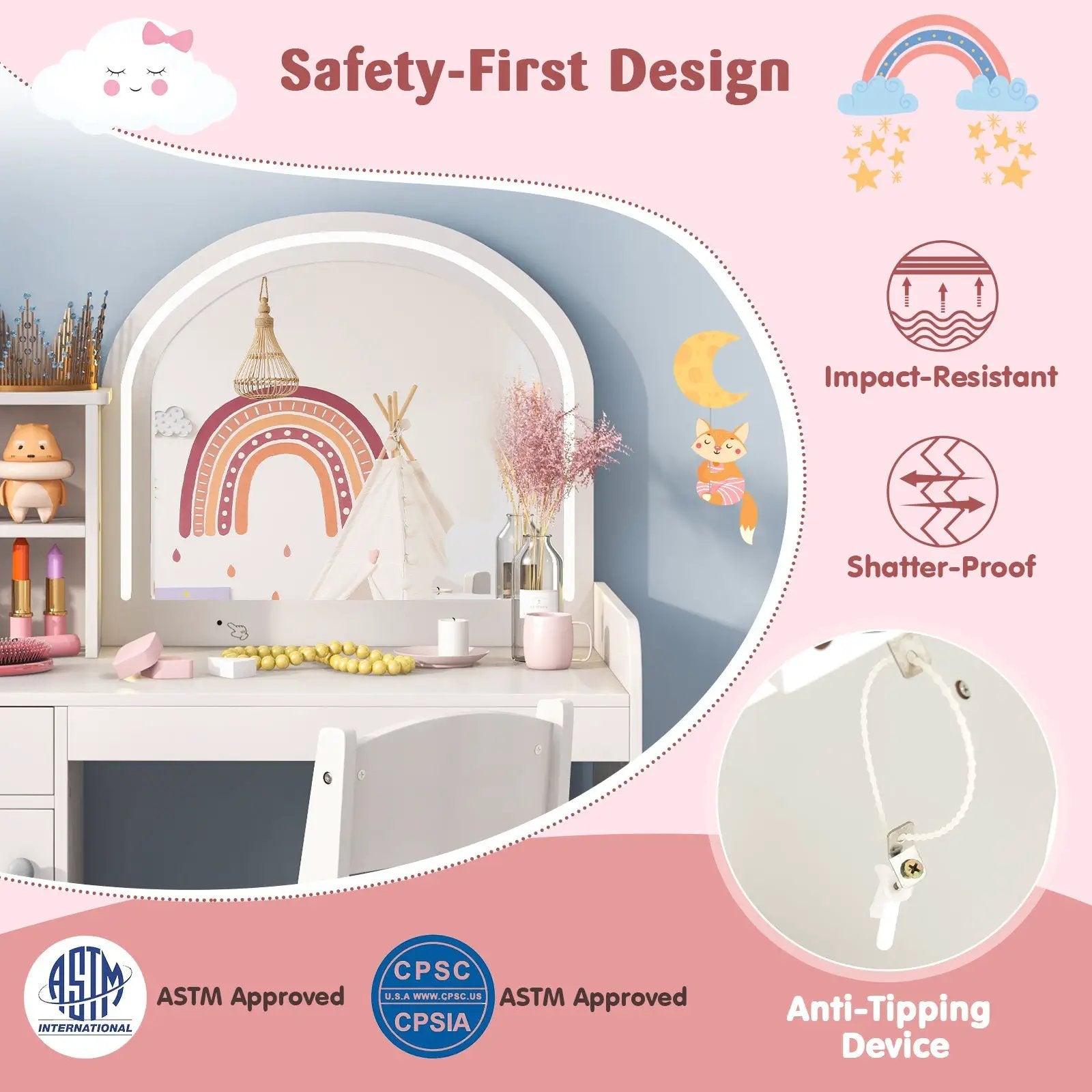 Kids Vanity Table and Chair Set with Shelves Drawer and Cabinet-White by DirectDeals
