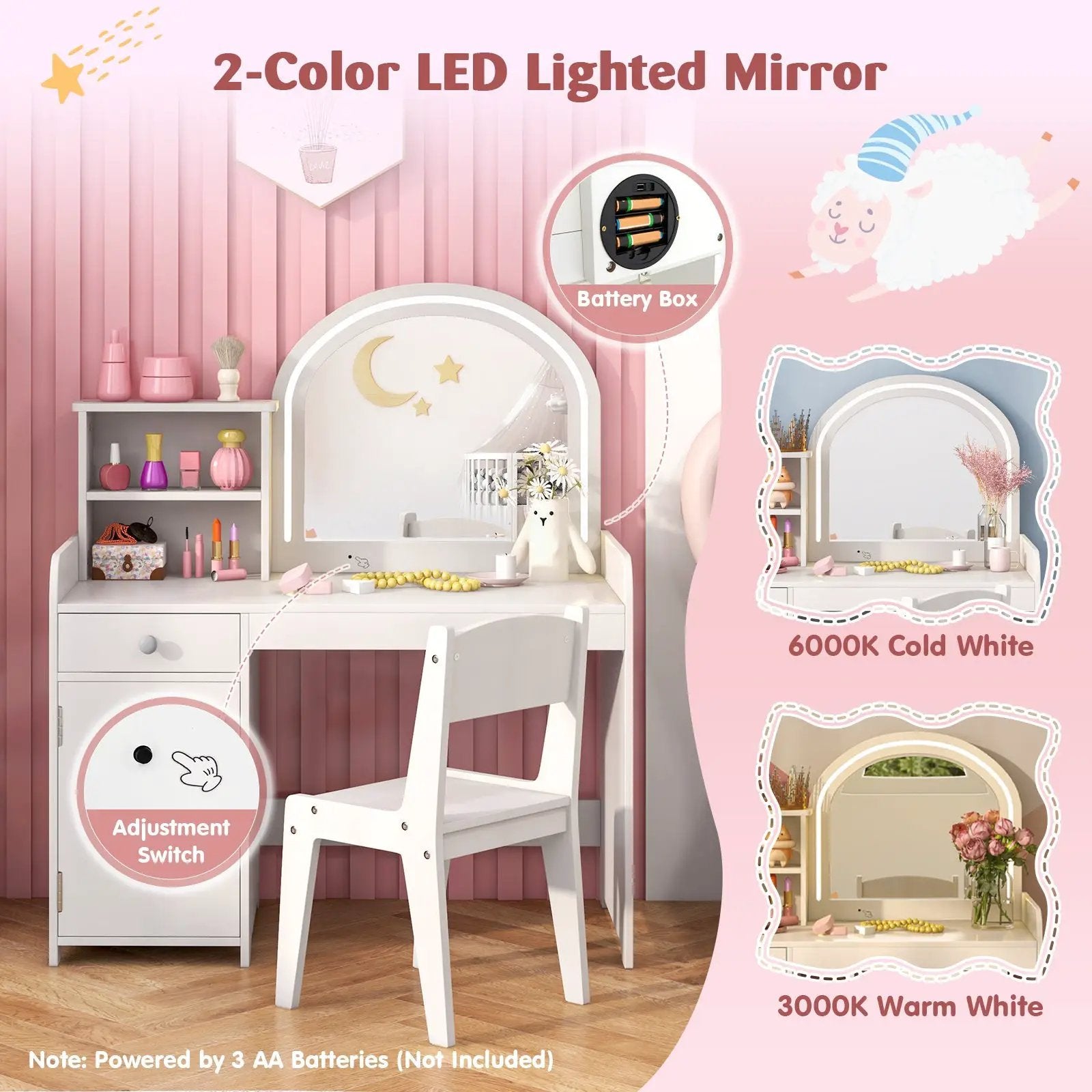 Kids Vanity Table and Chair Set with Shelves Drawer and Cabinet-White by DirectDeals