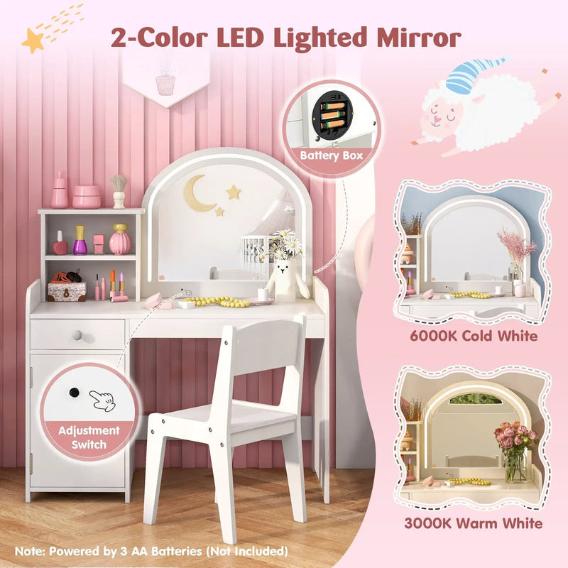 Kids Vanity Table and Chair Set with Shelves Drawer and Cabinet-White by DirectDeals