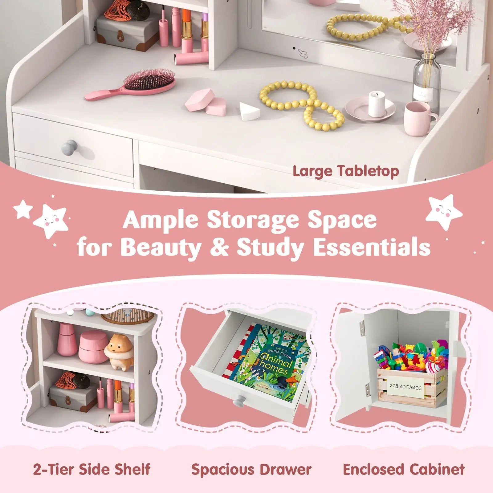 Kids Vanity Table and Chair Set with Shelves Drawer and Cabinet-White by DirectDeals