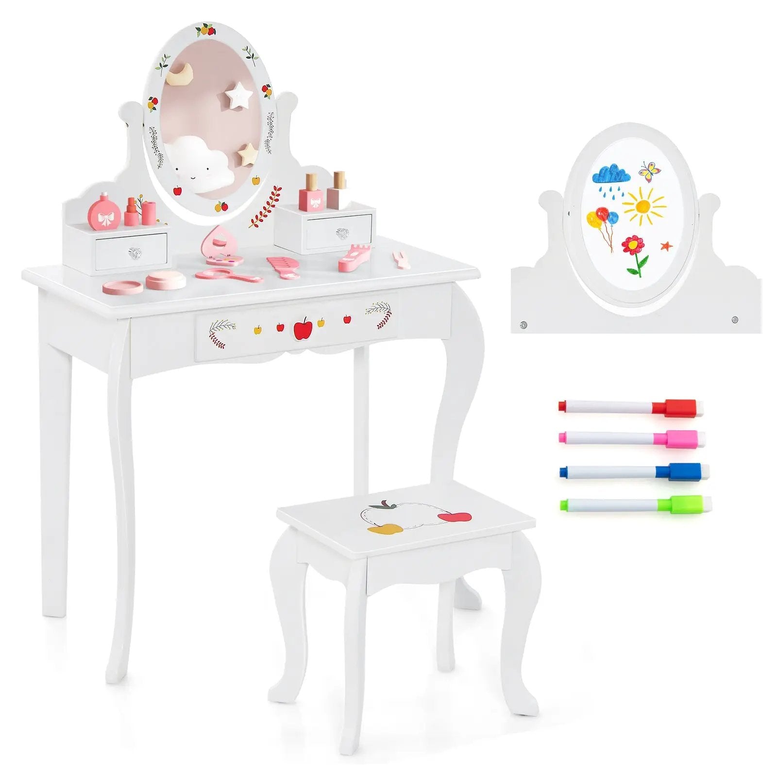 Kids Vanity and Stool Set with 360° Rotatable Mirror and Whiteboard-White by DirectDeals