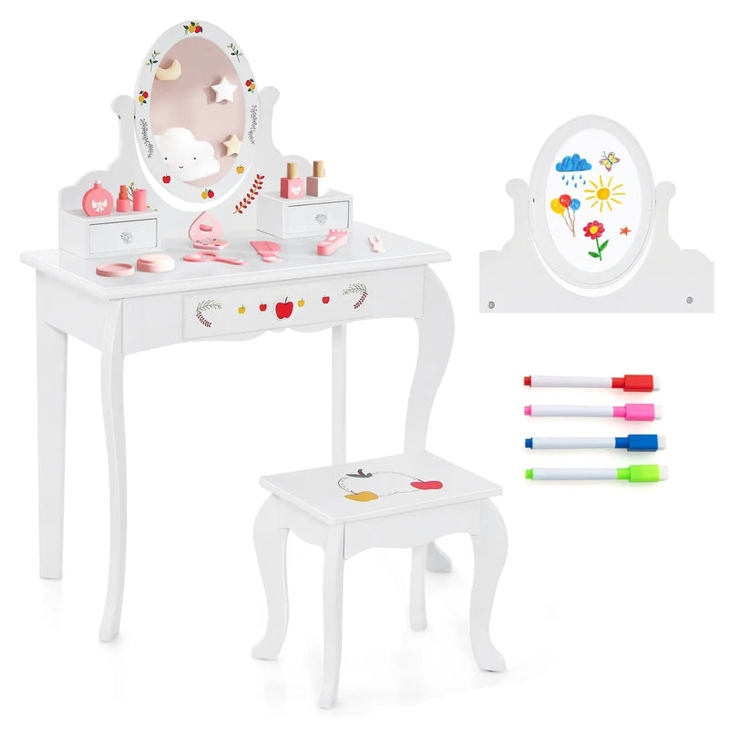Kids Vanity and Stool Set with 360° Rotatable Mirror and Whiteboard-White by DirectDeals