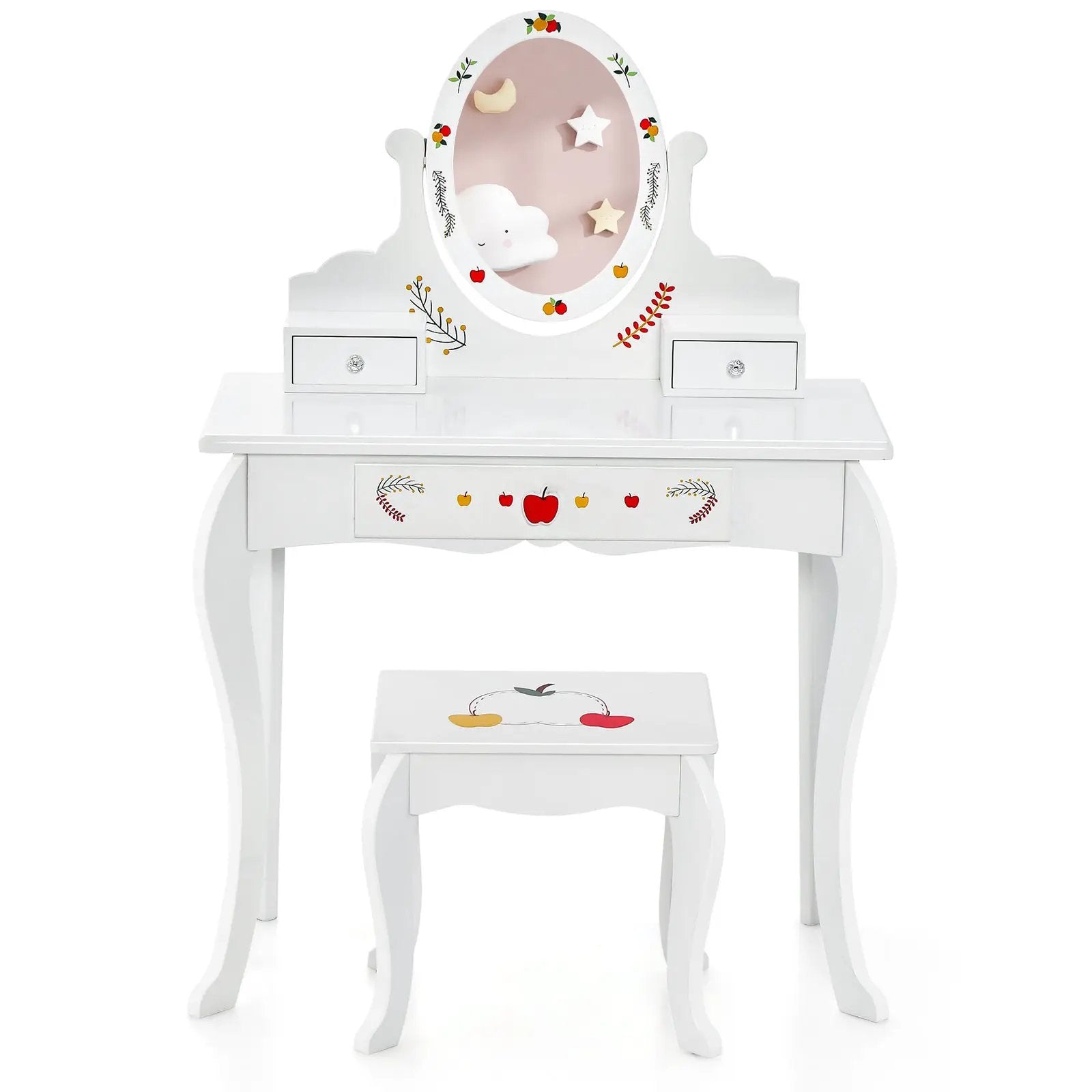 Kids Vanity and Stool Set with 360° Rotatable Mirror and Whiteboard-White by DirectDeals