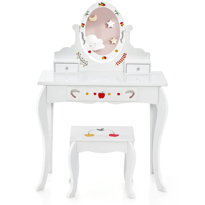 Kids Vanity and Stool Set with 360° Rotatable Mirror and Whiteboard-White by DirectDeals