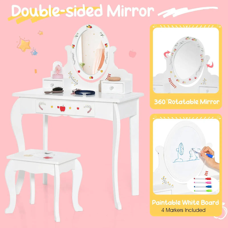 Kids Vanity and Stool Set with 360° Rotatable Mirror and Whiteboard-White by DirectDeals