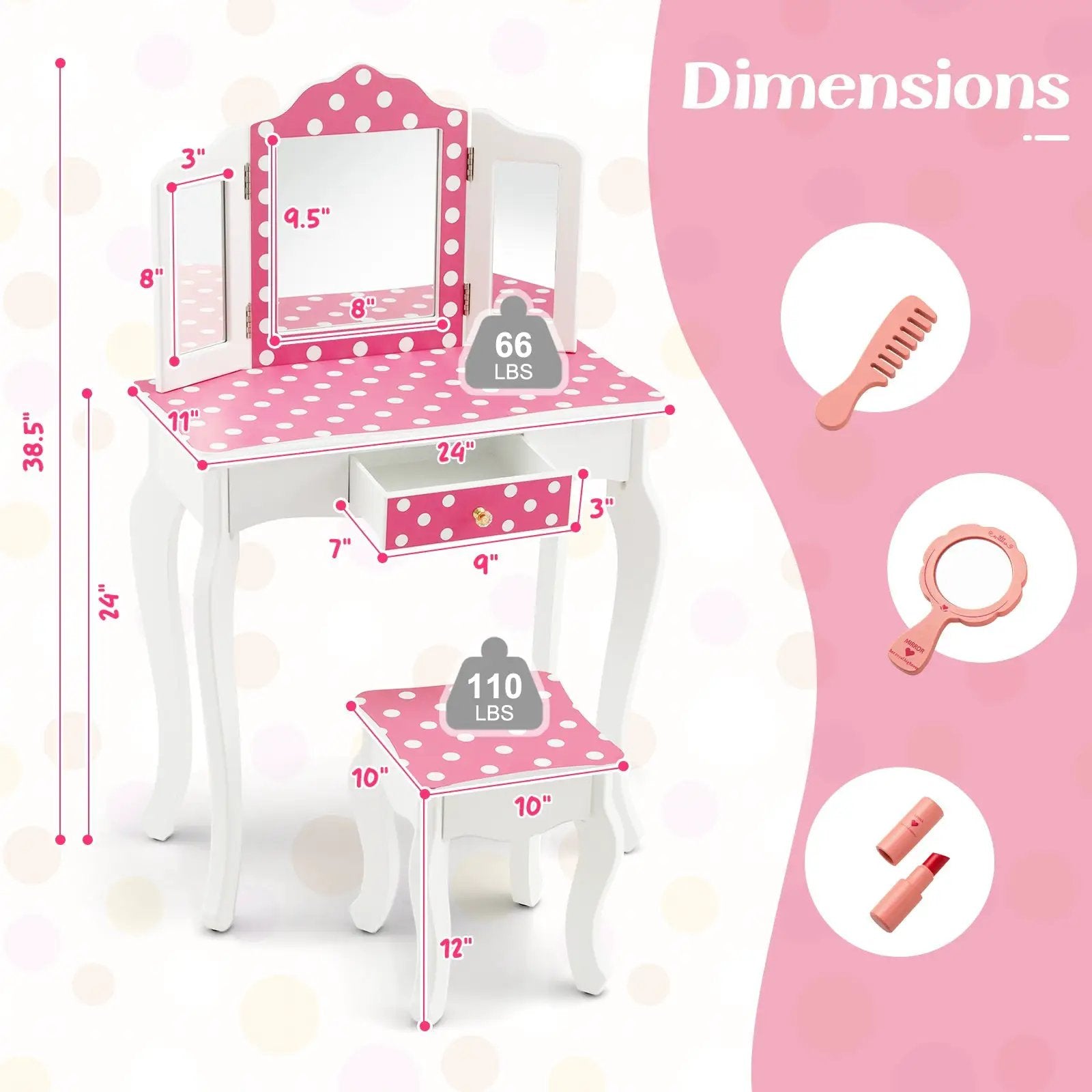 Princess Pretend Play Makeup Dressing Table with Cute Polka Dot Print-Pink by DirectDeals