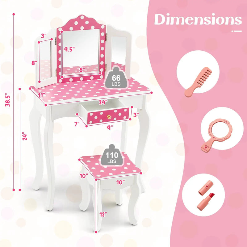 Princess Pretend Play Makeup Dressing Table with Cute Polka Dot Print-Pink by DirectDeals