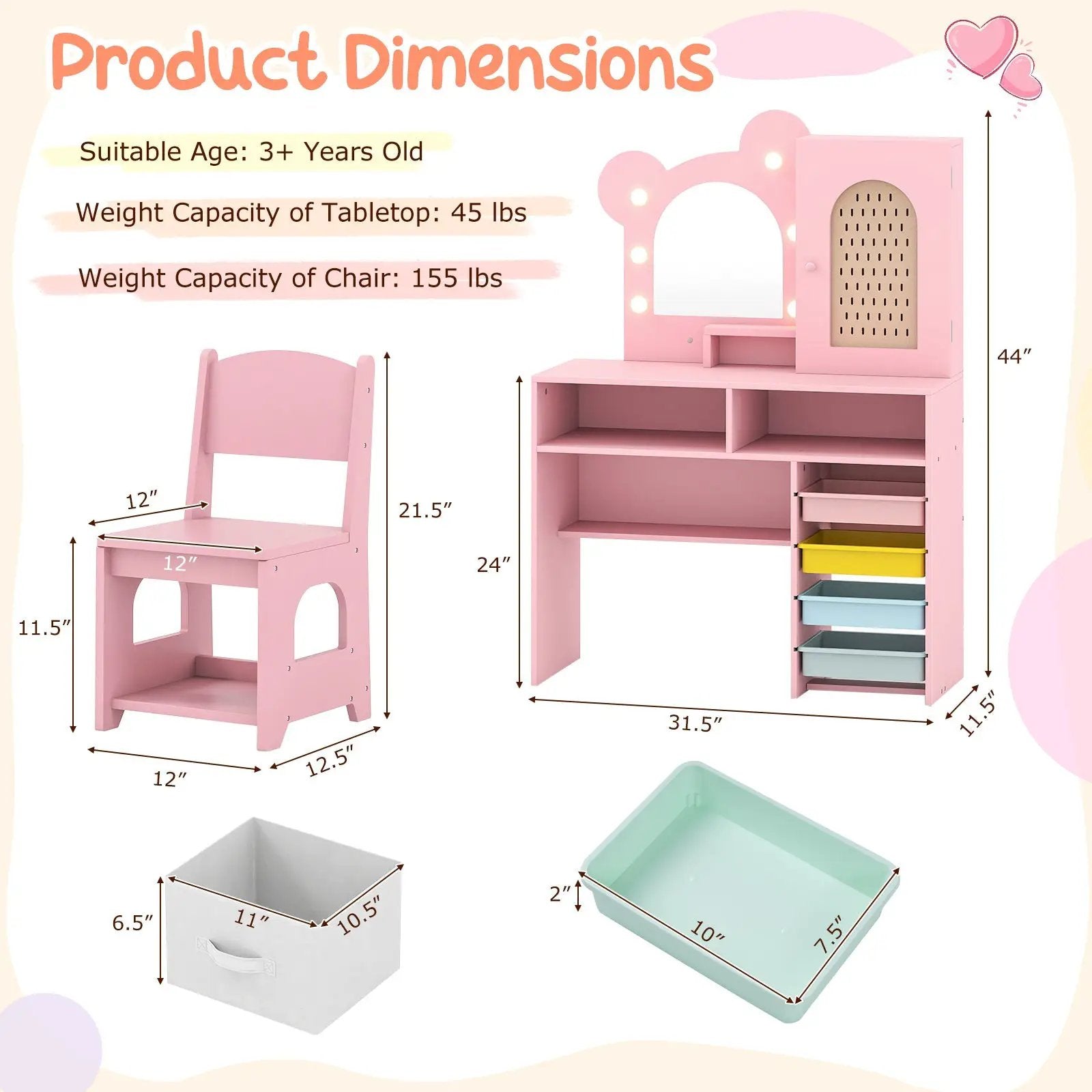 Kids Vanity with Lights and 5 Drawers for Kids Aged 3+ Years Old by DirectDeals