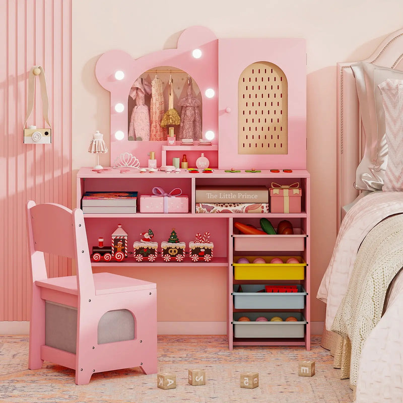 Kids Vanity with Lights and 5 Drawers for Kids Aged 3+ Years Old by DirectDeals
