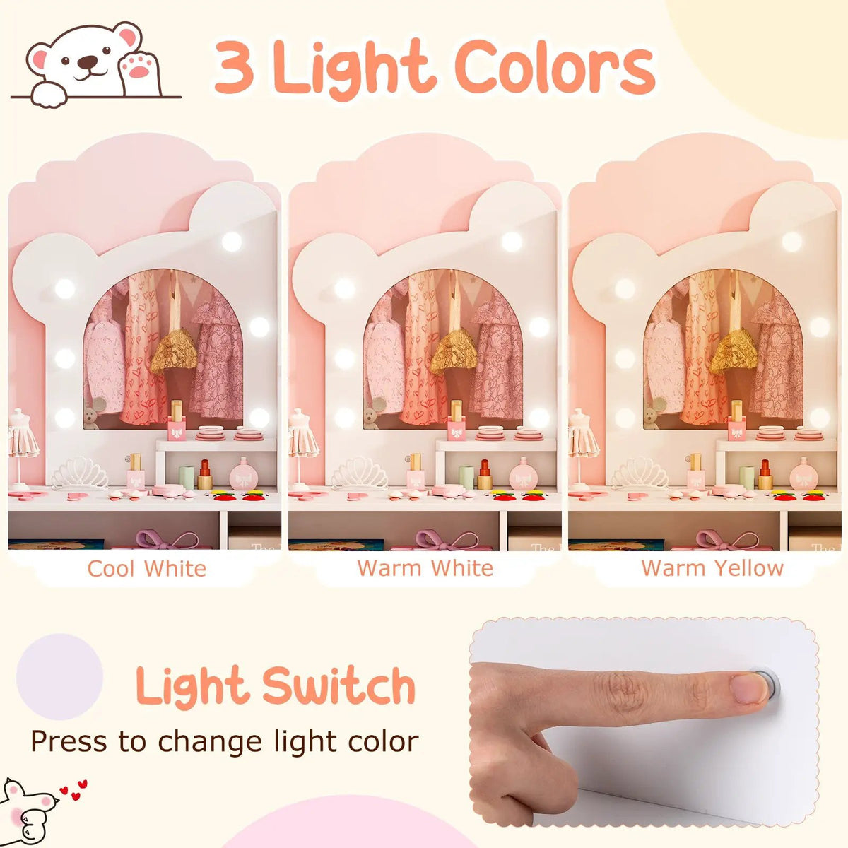 Kids Vanity with Lights and 5 Drawers for Kids Aged 3+ Years Old by DirectDeals
