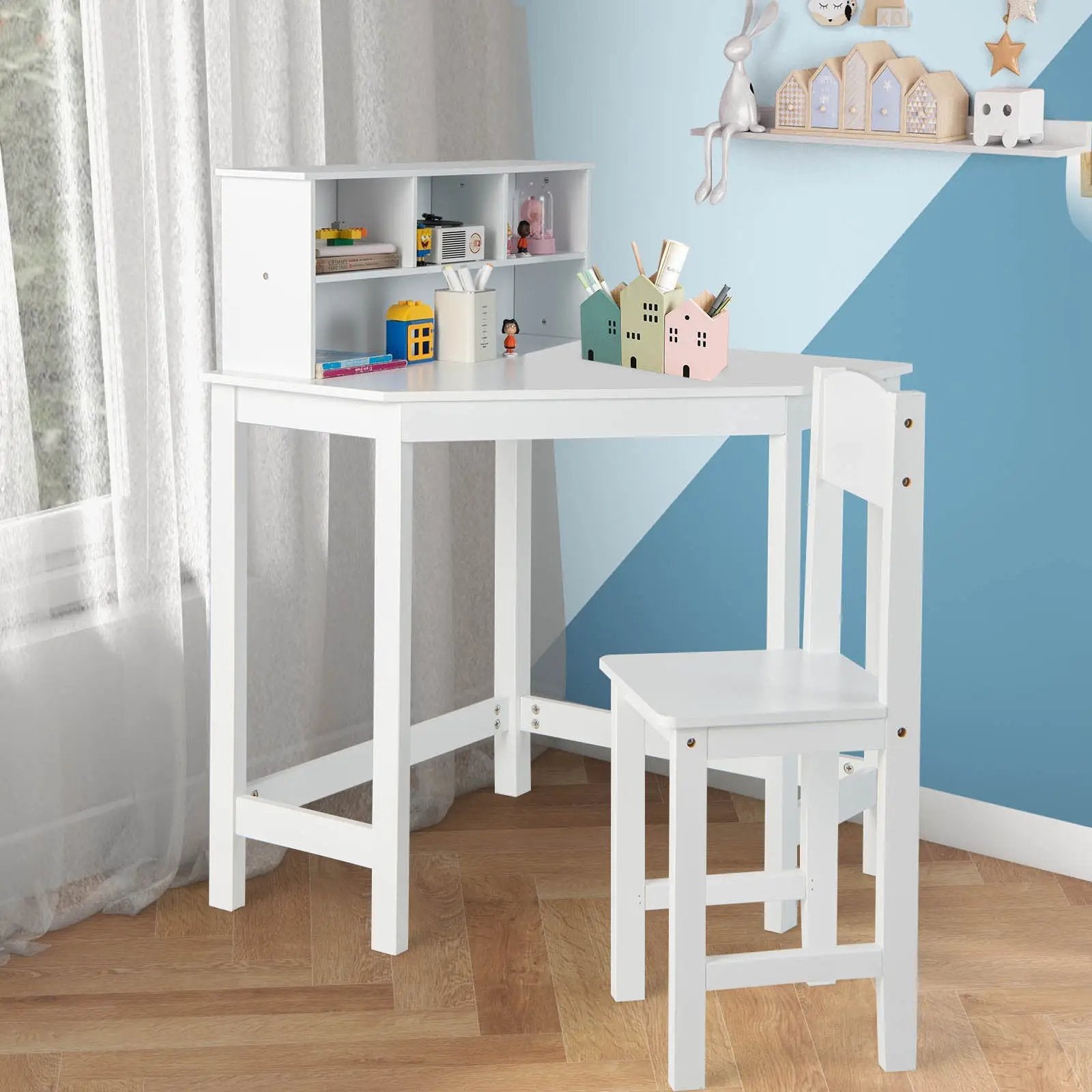 Kids Wooden Corner Desk and Chair Set with Hutch and Storage-White by DirectDeals
