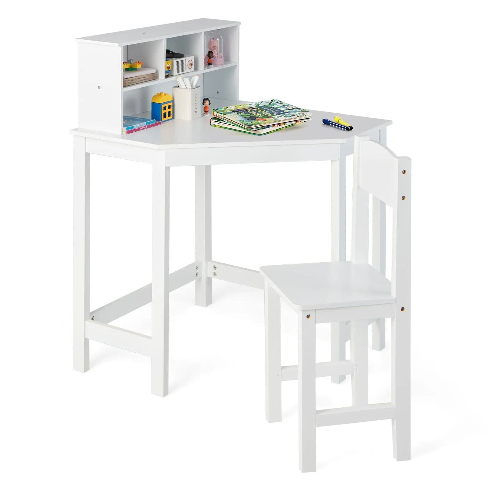 Kids Wooden Corner Desk and Chair Set with Hutch and Storage-White by DirectDeals