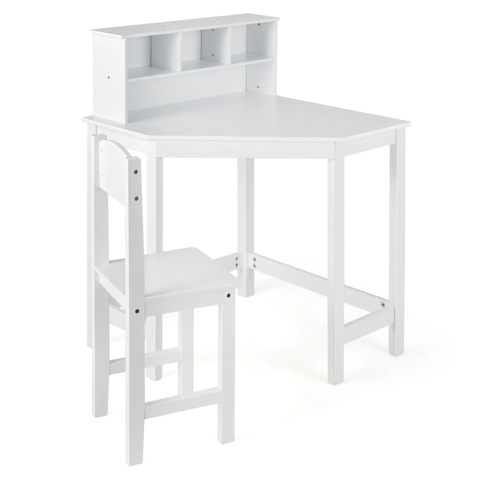Kids Wooden Corner Desk and Chair Set with Hutch and Storage-White by DirectDeals