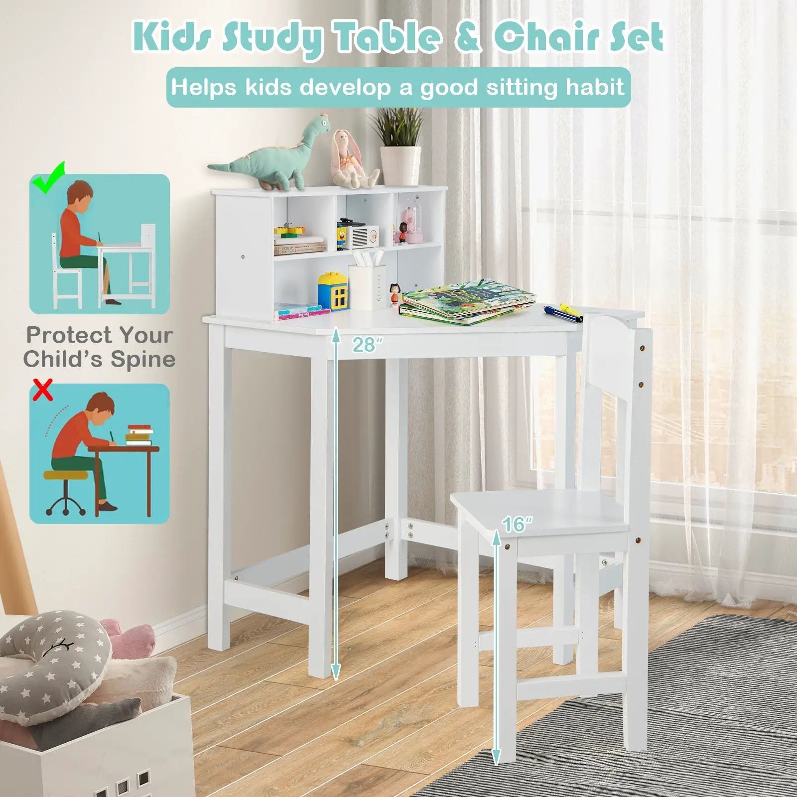 Kids Wooden Corner Desk and Chair Set with Hutch and Storage-White by DirectDeals
