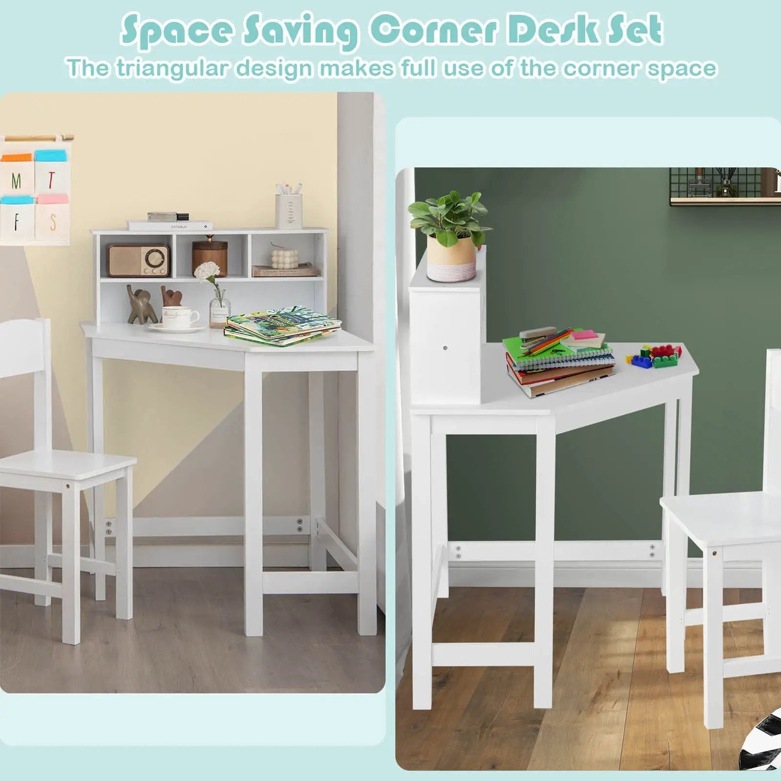 Kids Wooden Corner Desk and Chair Set with Hutch and Storage-White by DirectDeals